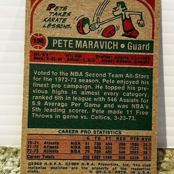 1973-74 TOPPS PETE MARAVICH ALL-STAR #130 SWEET! HOFer Centered Card Basketball - Picture 2 of 2